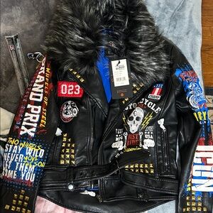 Men's Black Leather Bomber Jacket with Graphic Patches